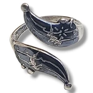 Vintage Niello Sterling Silver Goddess Bypass Ring Siam Adjustable Size 7.5 4.6g
